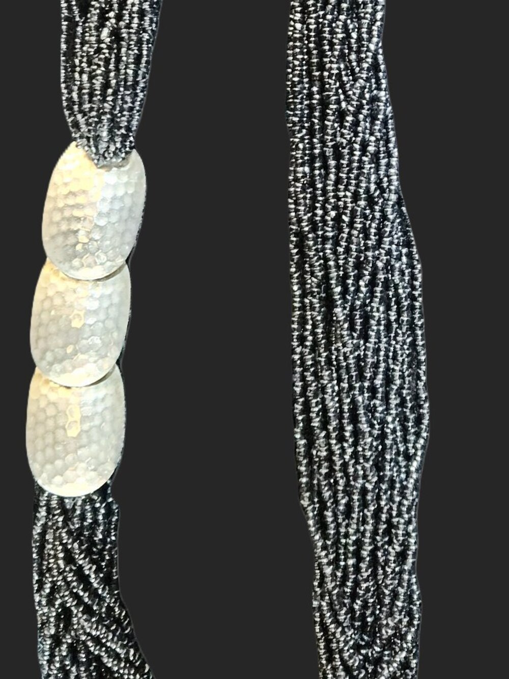 BLACK BEADED Asymmetrical NECKLACE with Hammered Silver 22" length